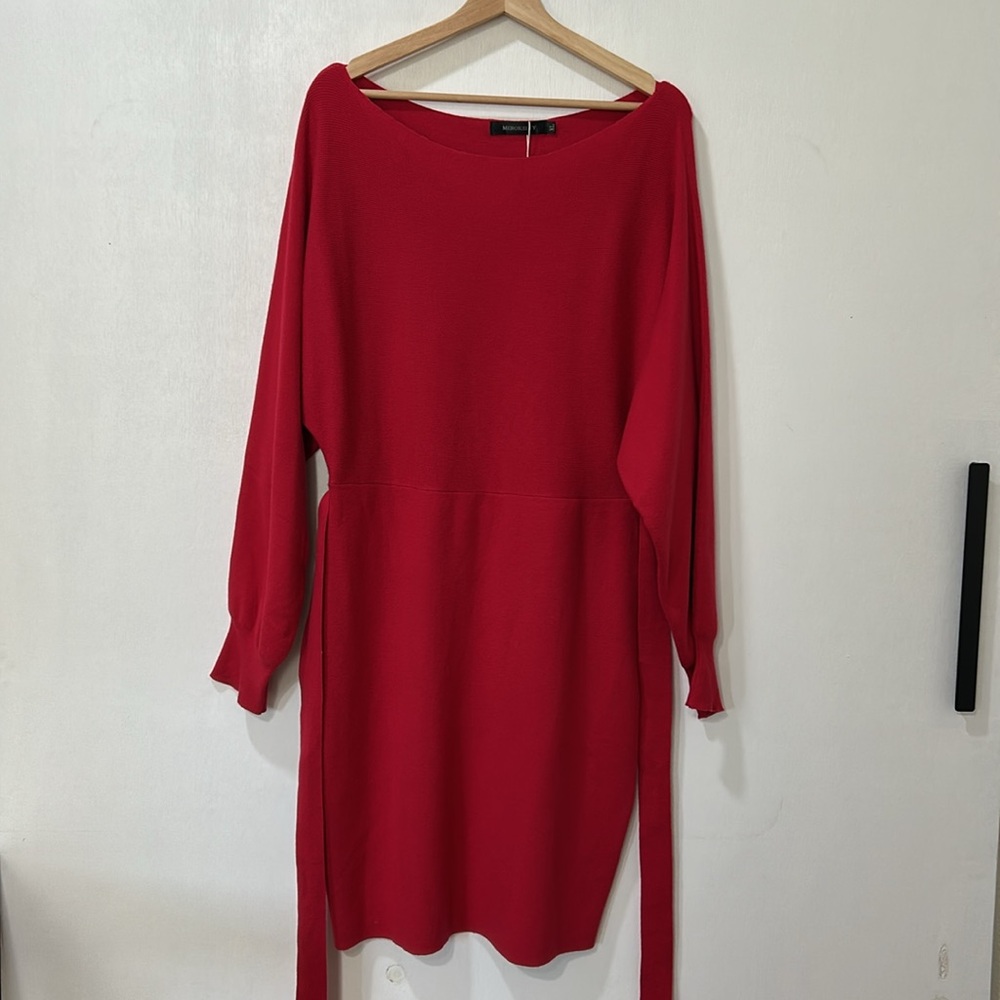 MEROKKETY WOMEN OFF THE SHOULDER RIBBED DRESS WITH TIE LONG SLEEVE RED Sz XL NEW